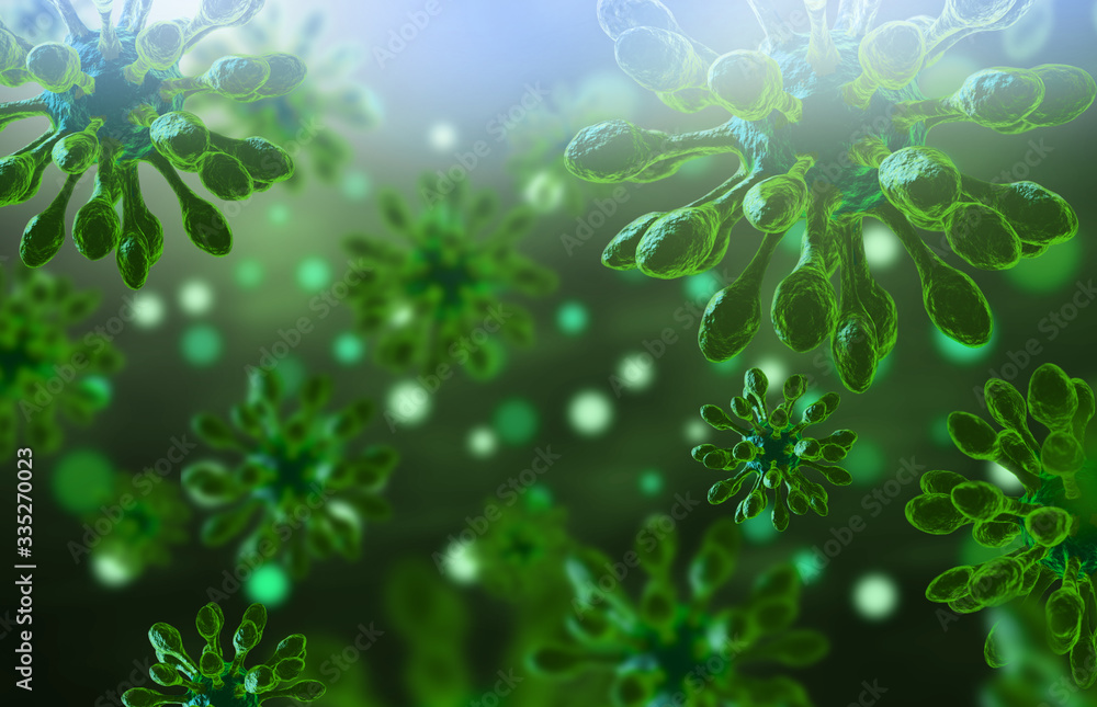 Coronavirus disease COVID-19 infection medical illustration. Pathogen respiratory influenza covid virus cells. 3d rendering illustration Coronavirus disease COVID-19 infection medical illustration. Pathogen respiratory influenza covid virus cells. 3d rendering illustration