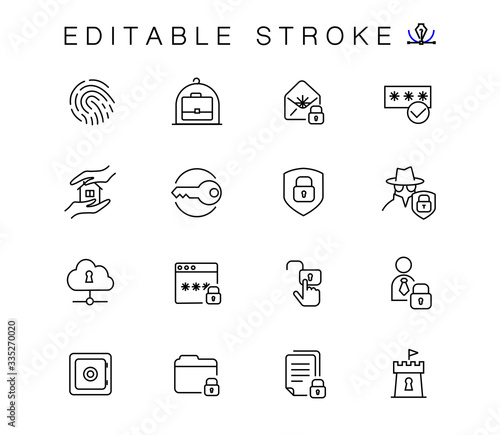 Simple Set of Data Security Related Vector Line Icons. Contains such Icons as Firewall, fingerprint, Pirate Flag, Web Spider, Password and more. Isolated contour illustrations. Editable stroke