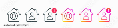 Social media interface icon set in support of self-isolation and staying at home. Flat line art and gradient version. Covid19 signs. Stay at home. Stylized icon set perfect for posts, news. EPS 10