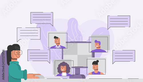 Group of friends or colleagues using video conference technology on personal computer. Concept working at home or video calling application.