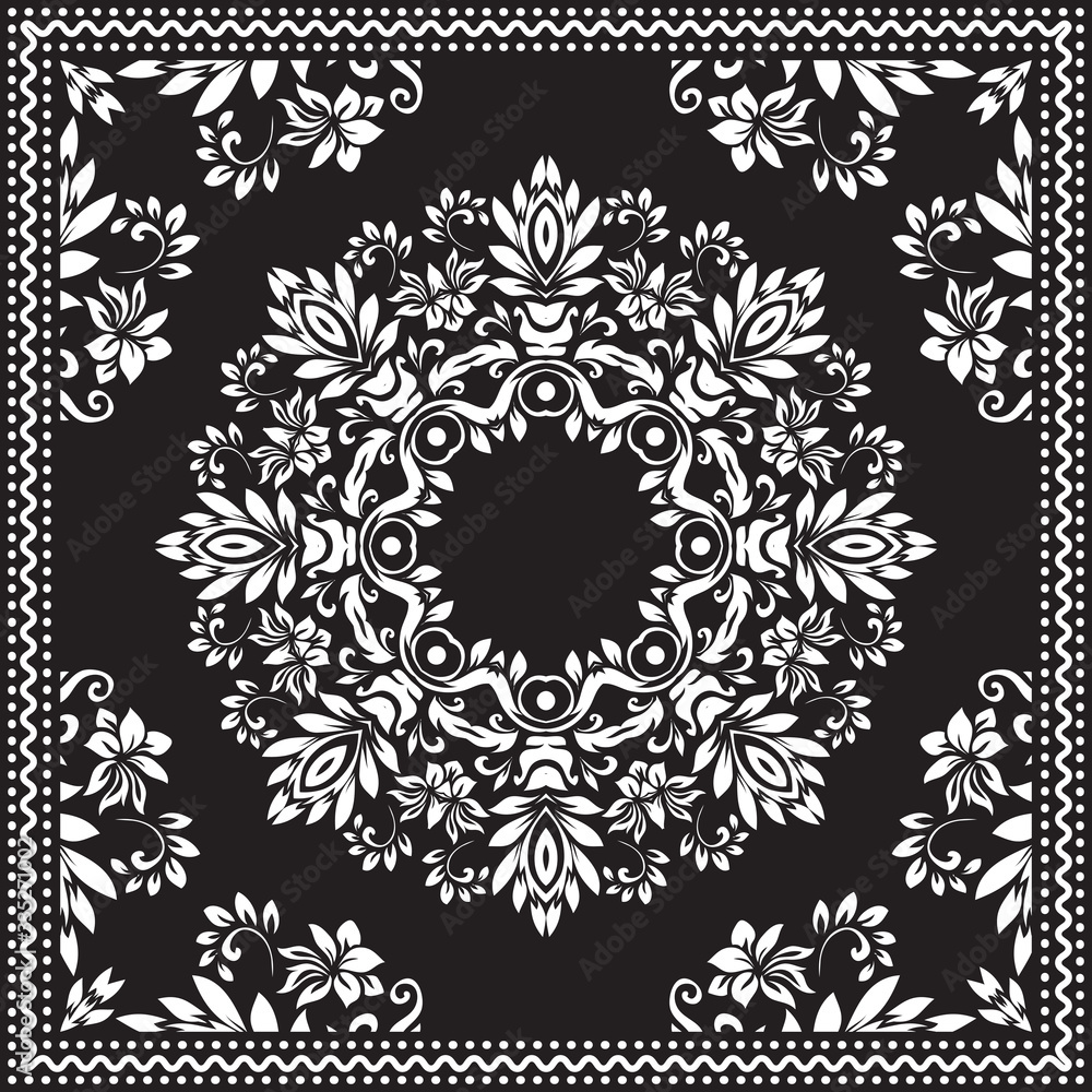 Bandana Clipart Black and White. Bandana Silk Scarf Pattern. Headband clipart print, vector floral illustration with abstract waves and lines. Use for sublimation printing