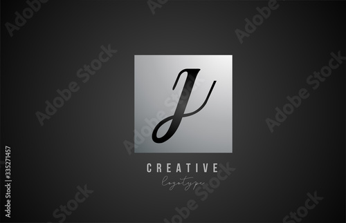 silver metal grey J square alphabet letter logo icon design for business and company