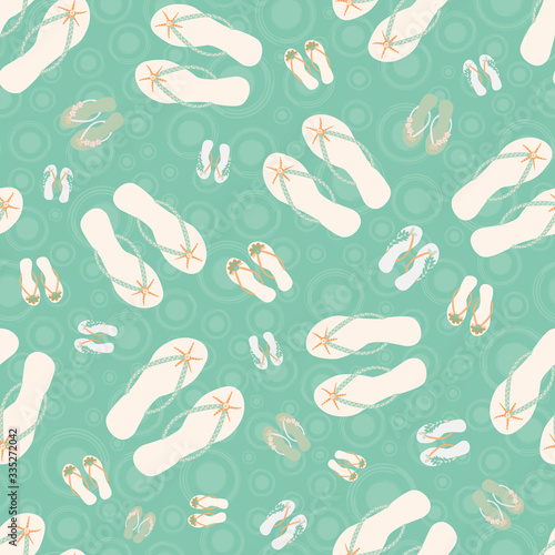 Flip flop shoe seamless vector pattern background. Pretty sandals with starfish decoration on pastel teal backdrop. Hand drawn design. All over print for beach wedding, summer vacation resort concept