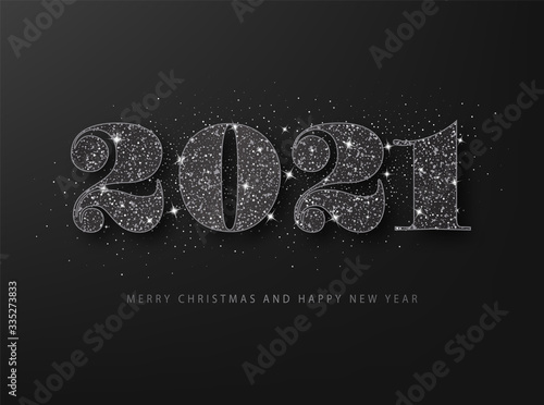 Black glitter 2021 on a black background. Happy New Year grating card.