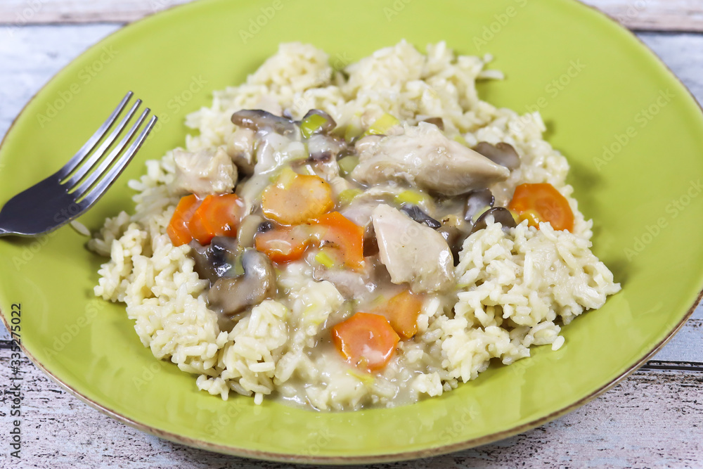 blanquette de dinde et riz dans une assiette blanquette de dinde et riz dans une assiette