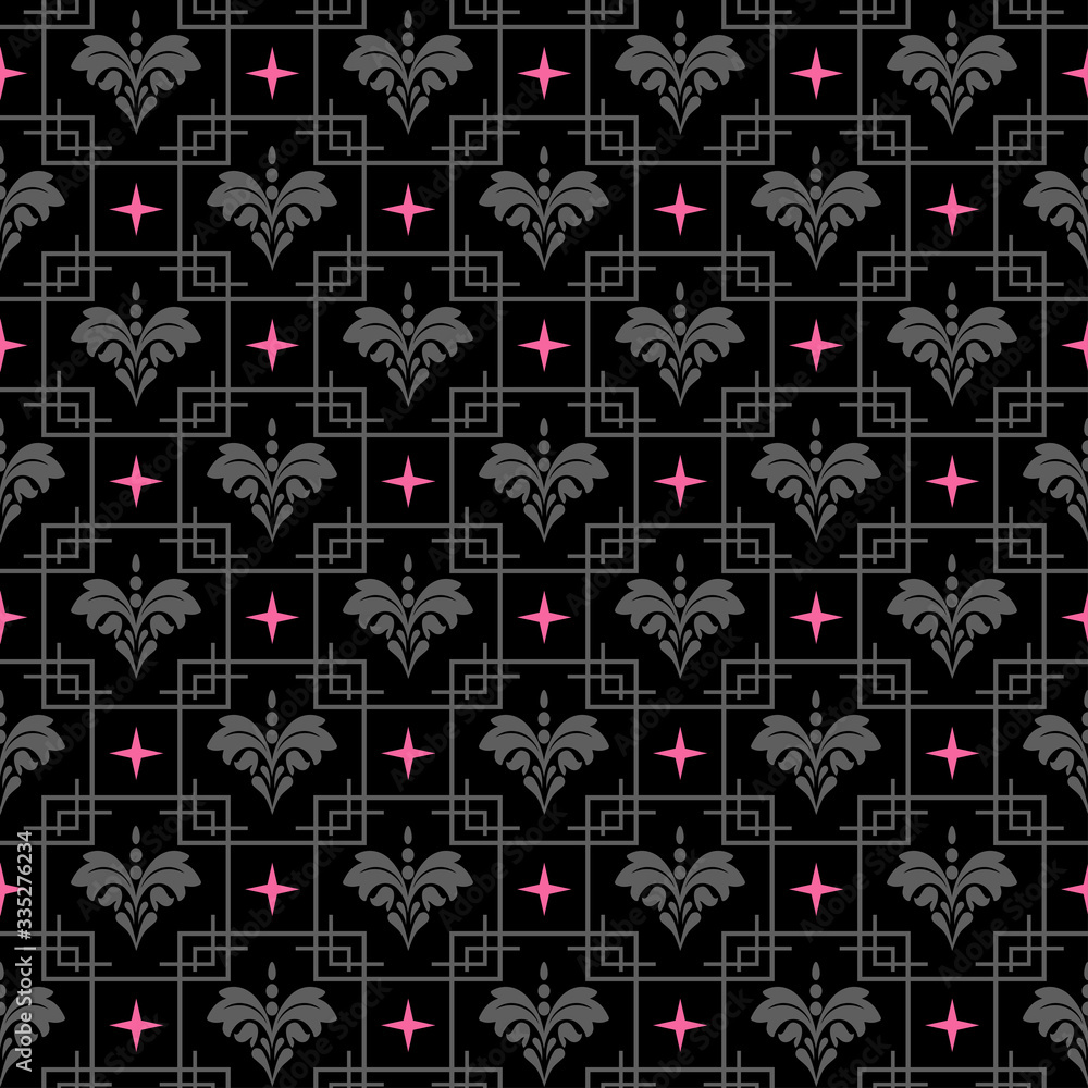 Dark background geometric pattern in Asian style. Textile design texture. Template for print design. Wallpaper texture. Decorative background pattern. Color: black, gray, pink. Vector art. Dark background geometric pattern in Asian style. Textile design texture. Template for print design. Wallpaper texture. Decorative background pattern. Color: black, gray, pink. Vector art.