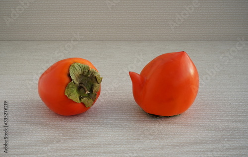 Strange forms of persimmon. Two  ugly shape fruit in the gray background. Funny, unnormal fruit or food  concept. Horizontal orientation. photo