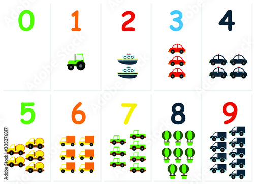 numbers with examples. cars. educational page with mathematical numbers for children