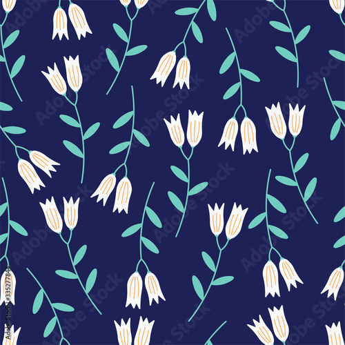 Fototapeta Naklejka Na Ścianę i Meble -  White bluebell flowers seamless repeat vector pattern for wrapping paper,prints,fabrics,textile.