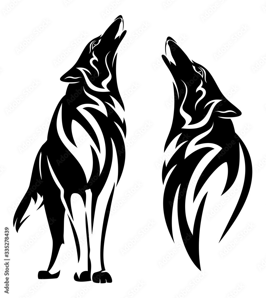 Obraz premium howling wolf black and white vector design set - standing animal and tribal style head outline