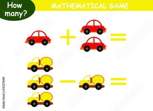 examples of addition and subtraction with cars. educational page with mathematical examples for children.