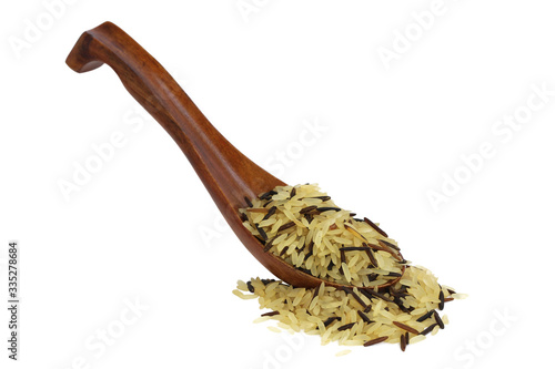 Wild and whole wheat rice mix on a wooden spoon against white background