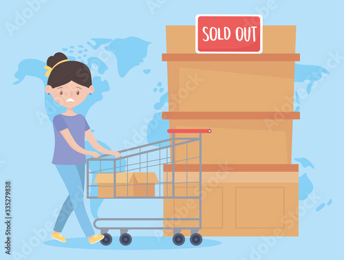customer with shopping cart sold out shelf in world, excess purchase