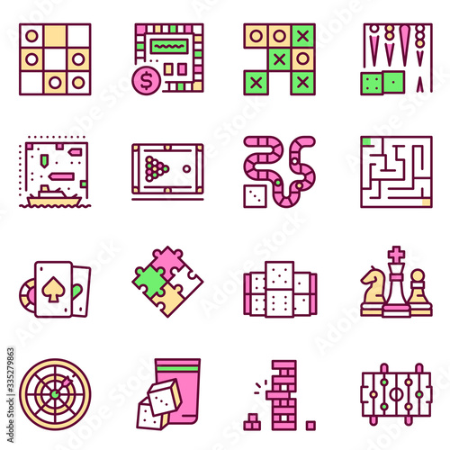 Vector color line icon set of table games
