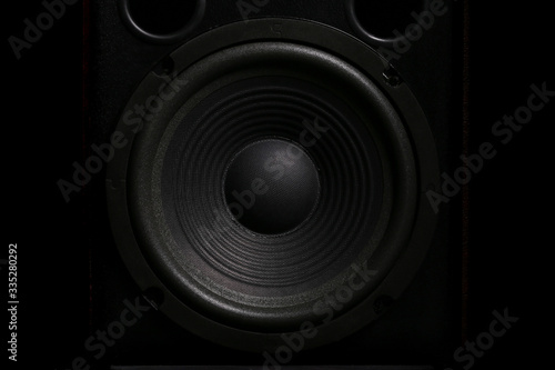 Close-up of audio loudspeaker, Musical equipment, professional speaker box. photo