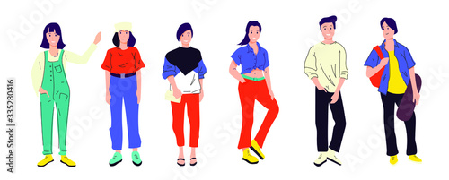 Illustration of a young fashionable people. Vector. Girls and boys in fashionable modern clothes. Generation of Millenials. People of different nations and races, shoppers and shopaholics.
