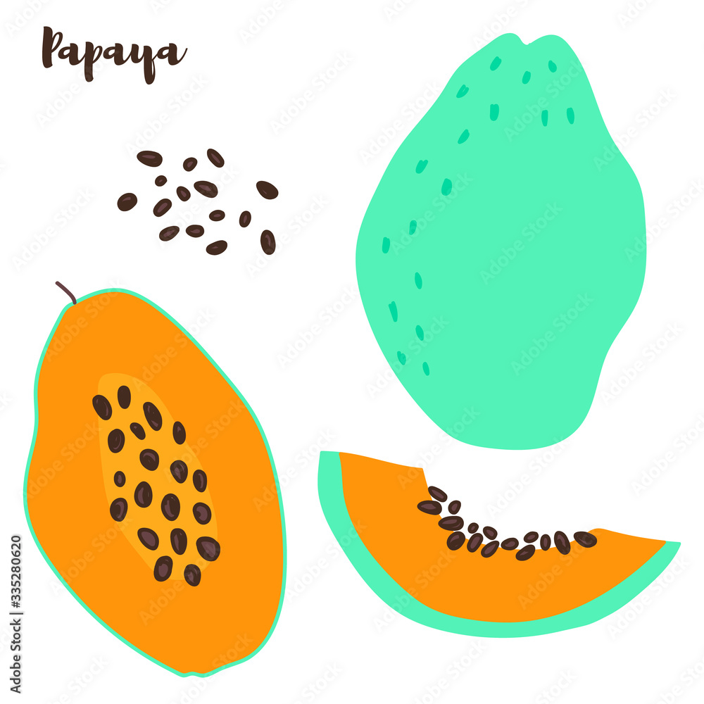 Half an orange papaya. Ripe papaya with seeds.Vector illustration cartoon flat icon isolated on white. can be used for: Print, banner, label, poster, sticker, logo. Half an orange papaya. Ripe papaya with seeds.Vector illustration cartoon flat icon isolated on white. can be used for: Print, banner, label, poster, sticker, logo.