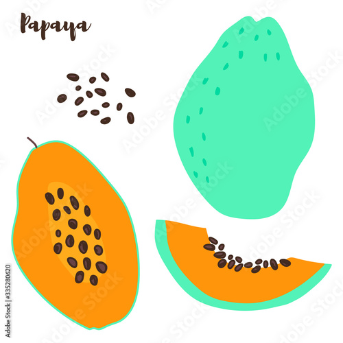 Half an orange papaya. Ripe papaya with seeds.Vector illustration cartoon flat icon isolated on white. can be used for: Print, banner, label, poster, sticker, logo.