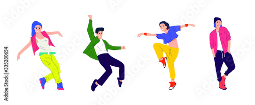 Group of young happy dancers or men and women isolated on a white background. Smiling young men and women enjoy a dance party. Colorful vector illustration in flat cartoon style.
