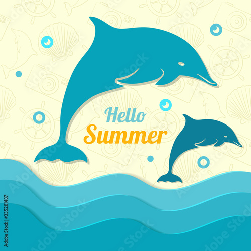Summer paper background. Dolphin jumping and layered sea. Abstract 3D banner. Vector illustration sea animal in origami style. Papercraft dolphins. Modern design paper, wallpaper, card, cover. Stock.