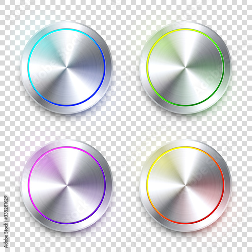 Realistic metal chrome button. Silver steel volume control knob. Application interface design element. App icon. Vector illustration.