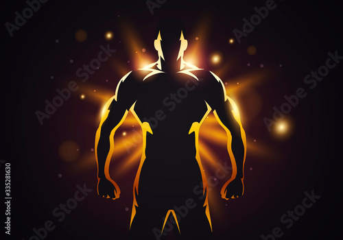 Vector Illustration Silhouette Of Strong Man With Muscles On Golden Glow Background