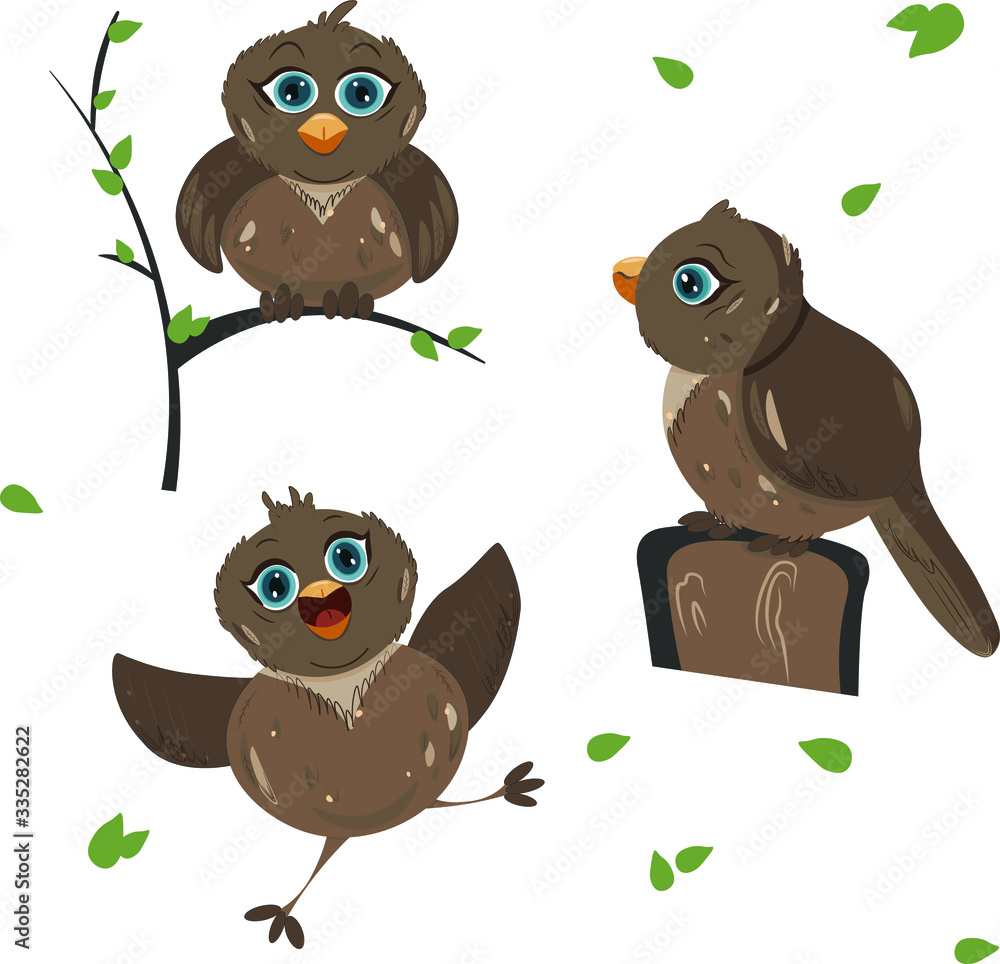 Fototapeta premium Funny sparrow stickers hand drawn flat vector illustration. Cartoon birds.