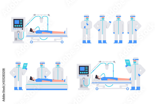 Working at Clinic. Group of doctors in protective suits. Doctors in a protective suit examine the patient. A man is lying on a bed in a hospital room, connected to a Ventilator Medical Machine. Corona