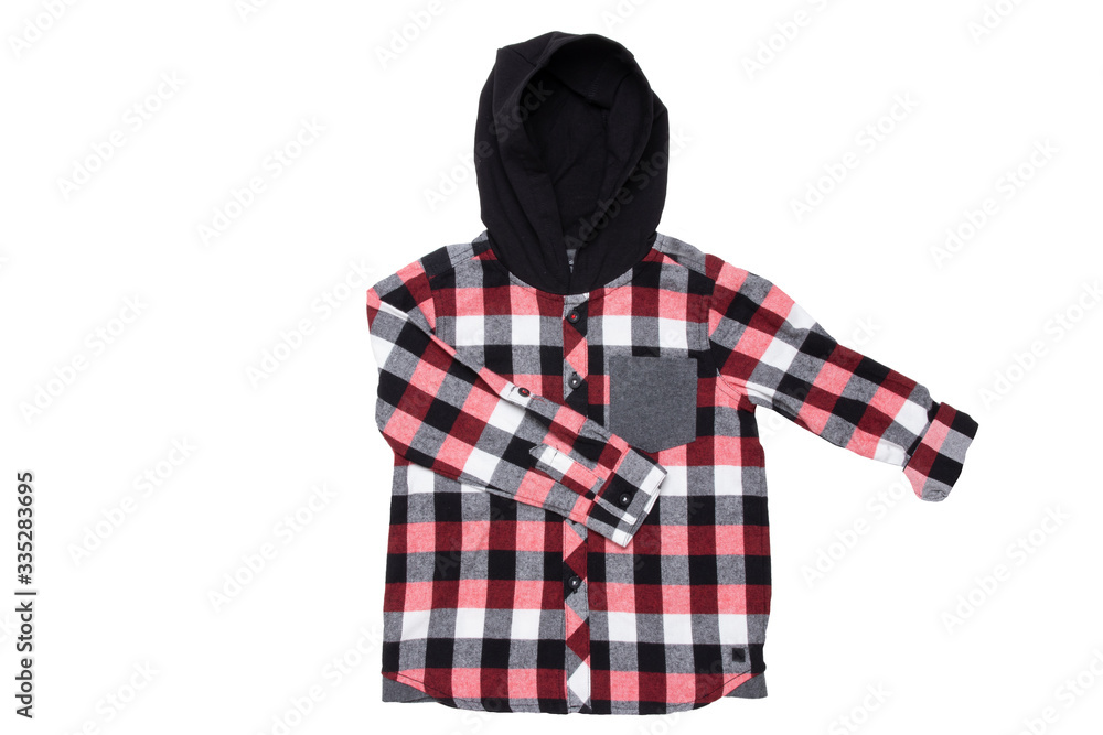 Hoodie isolated. Close-up of a trendy red checkered hoodie shirt with long sleeves for boy isolated on a white background. Childrens spring, autumn and winter fashion. Hoodie isolated. Close-up of a trendy red checkered hoodie shirt with long sleeves for boy isolated on a white background. Childrens spring, autumn and winter fashion.