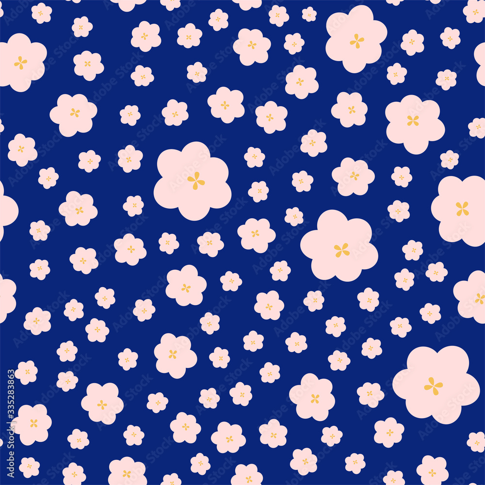 Pastel pink spring flowers seamless repeat vector pattern for wrapping paper,prints,wallpaper,fabrics.Pastel pink flowers on navy background.