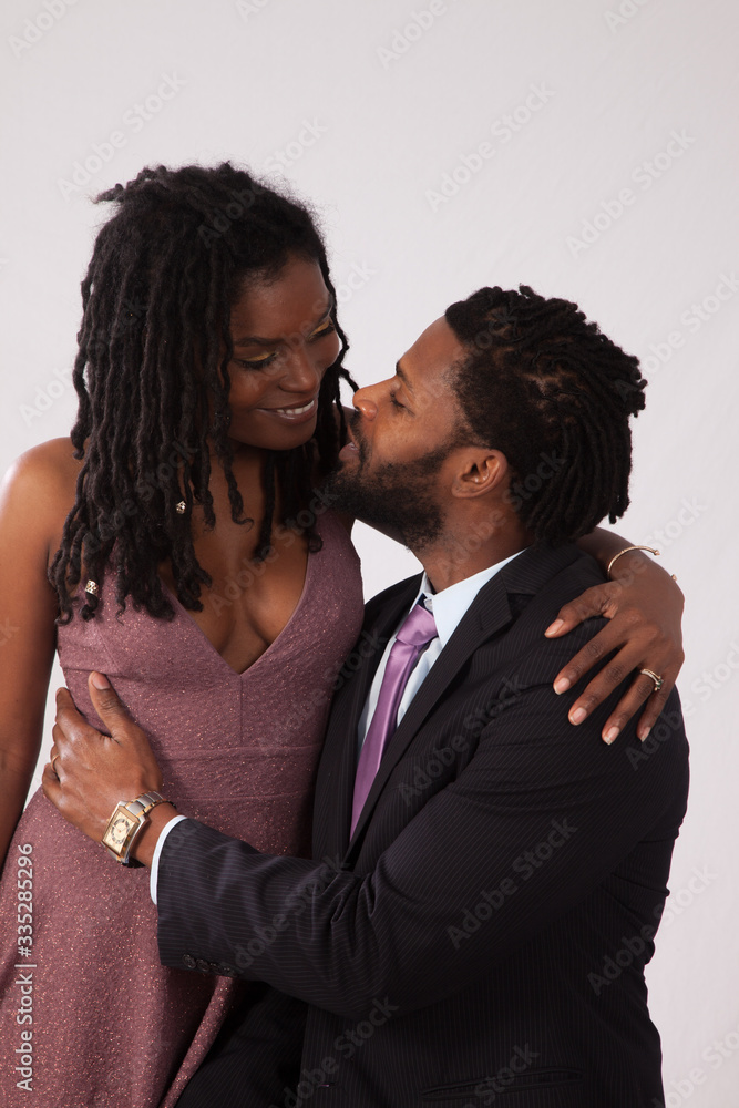 Thoughtful romantic Black couple standing together Thoughtful romantic Black couple standing together