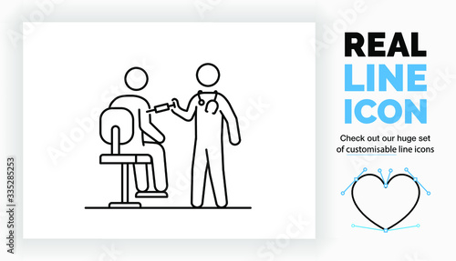 Editable real line icon of a standing stick figure doctor giving a patient sitting on a chair his vaccination with a needle or takes a blood sample for a medical test in modern clean lines as a eps