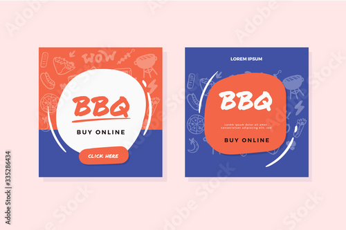 BBQ online order doodle banner with grill icons, promotion design, restaurant template