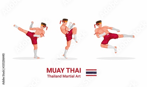 Muay Thai - Thai boxing traditional martial art from Thailand figure collection icon set in cartoon flat illustration vector isolated in  white background