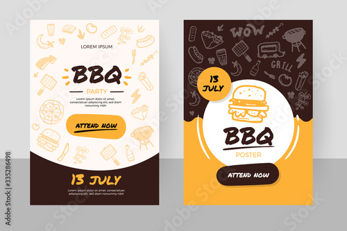 BBQ online order doodle banner with grill icons, burger, promotion design, restaurant template