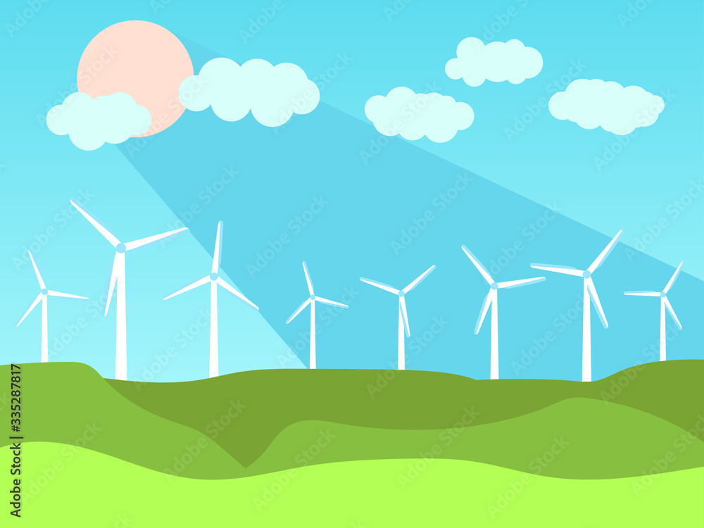 Renewable energy. Windmills and green fields landscape. Summer sunny weather. Wind generators green energy. Vector illustration