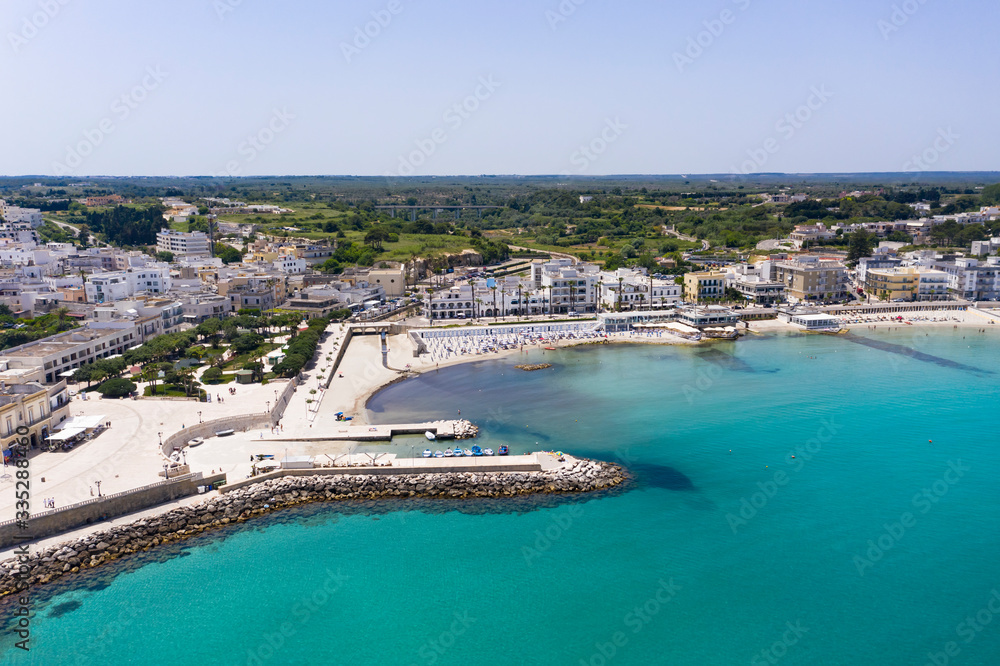 Aerial view of Otranto with Harbour and Castle, Lecce province, Salento peninsula, Puglia, Italy, Jun 2019