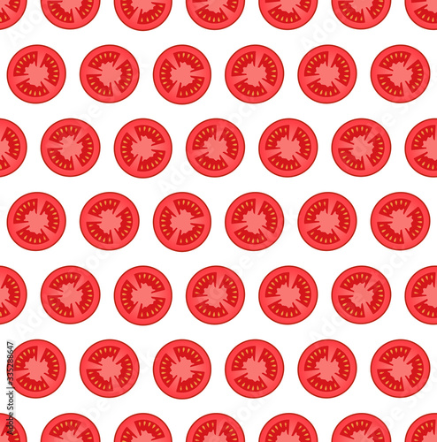 Seamless pattern of red tomatoes, tomato slices on a white background.Vector illustration.