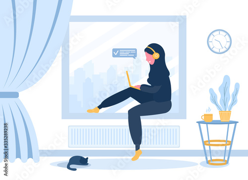 Womens freelance. Arabian girl in hijab and headphones with laptop sitting on the windowsill. Concept illustration for working, studying, education, work from home. Vector illustration in flat style.