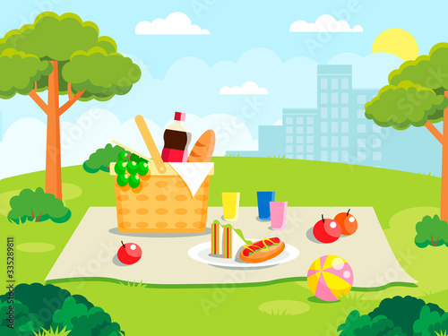 Summer picnic on forest background. Family concept with picnic party stuff