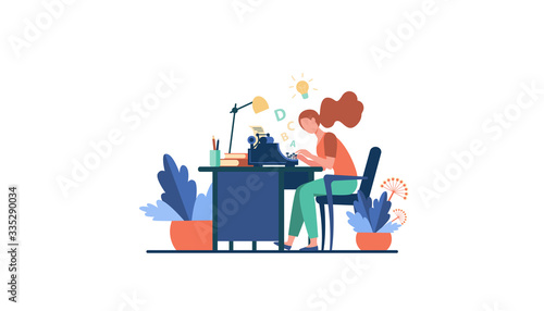 Female writer using retro typing machine. Young woman inspiring with idea, writing creative article at her workplace. Vector illustration for creative crisis, copywriting, vintage concept