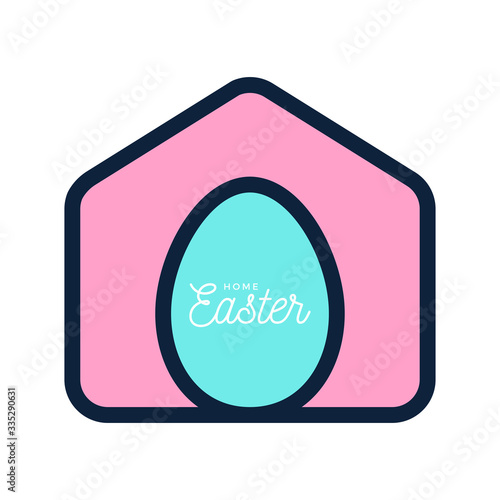 Happy Home Easter 2020 Card with Funny Vector Minimalist Icon. staying at home badge in Quarantine. COVID-19 Reaction.