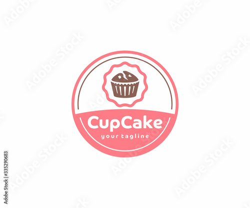 Cupcake circle emblem logo design. Muffins with berries vector design. Sweet bakery logotype
