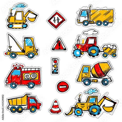 cartoon colored machines. concrete mixer, crane, dump truck , bulldozer, signs. stickers with a cutting outline, on a white isolated background