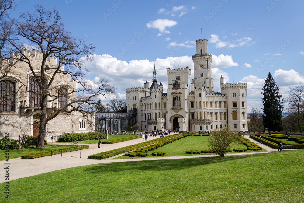 Exterior of the historic chateau Hluboka castle in Hluboka nad Vltavou, Czech Republic, sunny summer day