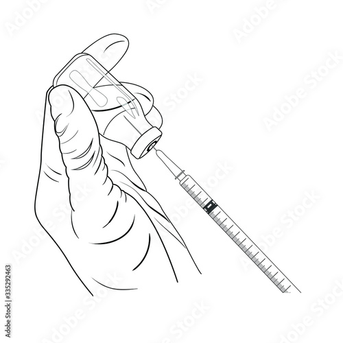 Vector black line illustration of hands wearing surgical gloves and holding syringe with vaccine isolated on white background. Doctor filling the syringe with medication. Concept of treatment