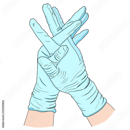 Vector illustration of hand drawn crossed hands in blue surgical gloves isolated on white background. Prevention disease spreading concept