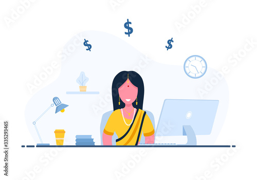 Womens freelance. Indian girl in sari with laptop sitting at a table. Concept illustration for working from home, studying, education, communication, healthy lifestyle. Vector in flat style.