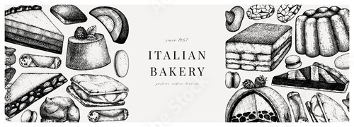 Italian desserts, pastries, cookies banner. With hand drawn baking sketch illustration. Vector bakery design in color. Vintage Italian sweets background for fast food delivery, cafe, restaurant menu.
