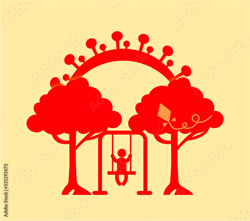 a stylized vector image, a ban on visits to playgrounds. danger of infection. coronavirus pandemic. child safety. stay at home with your children. it is forbidden to play on the Playground.